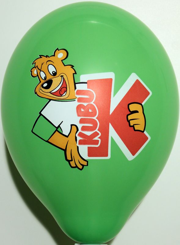 Spot-colour print on a balloon: Kubu