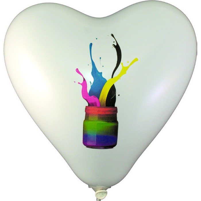 The paint-jar image printed on a white heart balloon