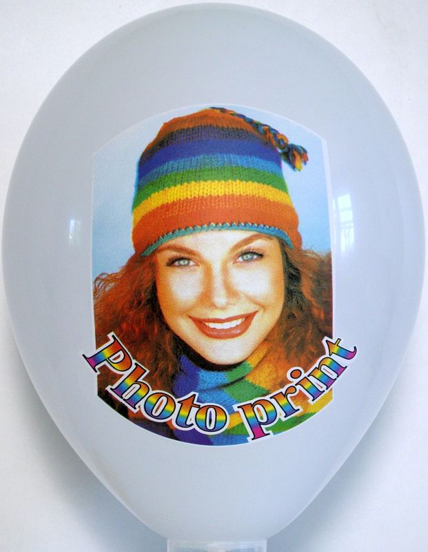 CMYK print on a balloon: rainbow-hat portrait