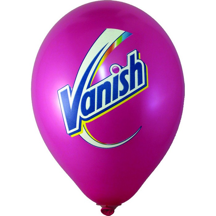 Vanish logo printed on a magenta balloon