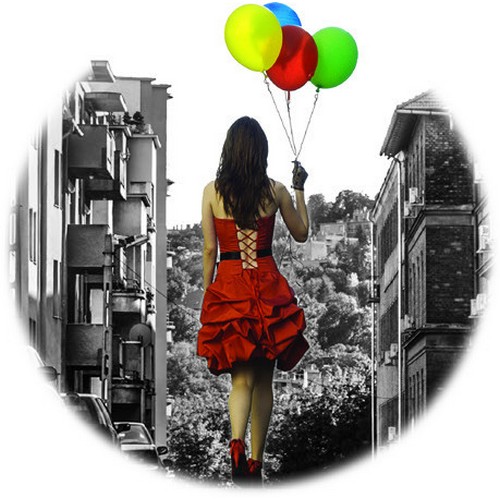 Black-and-white street photo of a woman in a red dress holding balloons