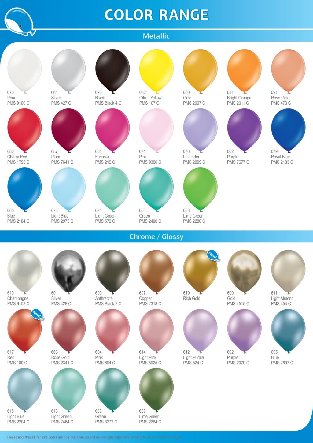 2026 colour card: 19 metallic and 18 chrome balloon colours with codes and Pantone references