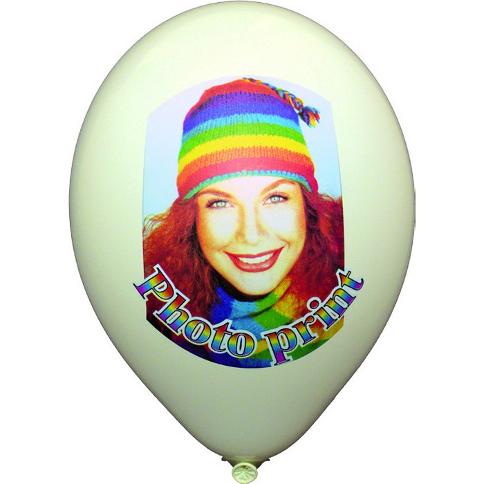The rainbow-hat portrait printed on a white balloon