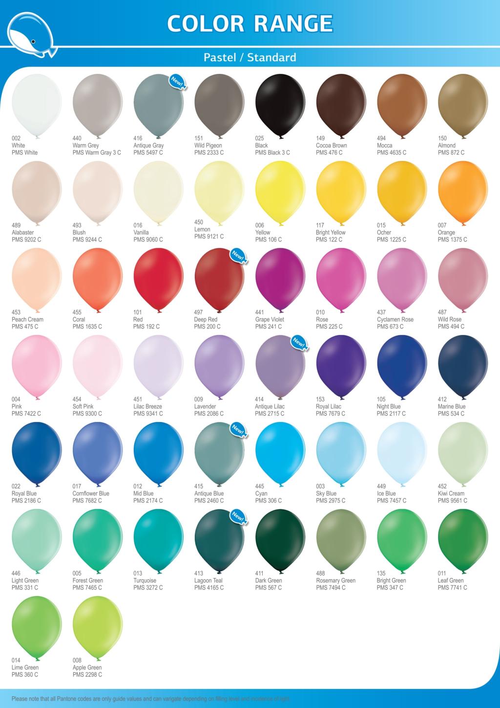 2026 colour card: 50 pastel and standard balloon colours with codes and Pantone references