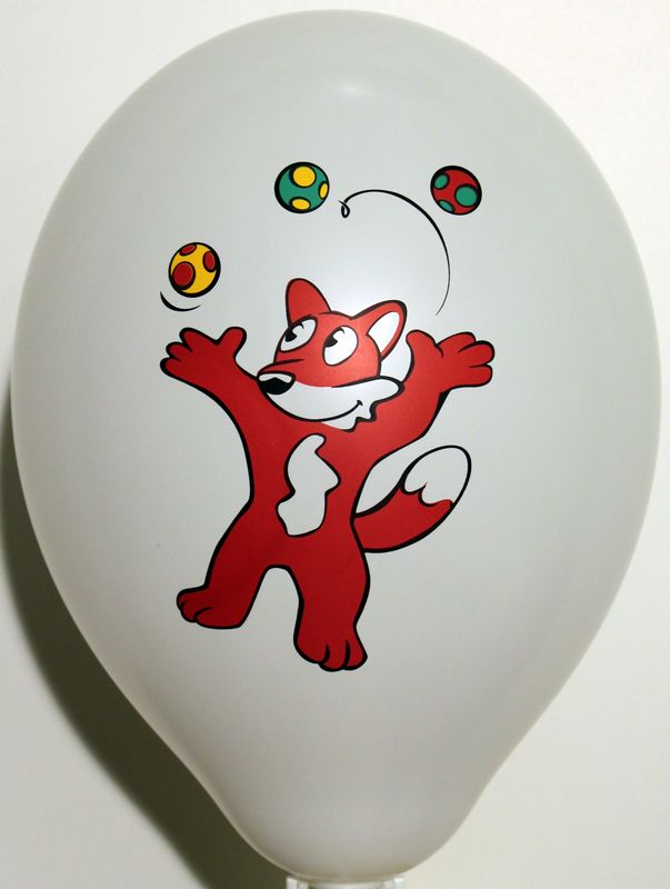 Spot-colour print on a balloon: juggling fox
