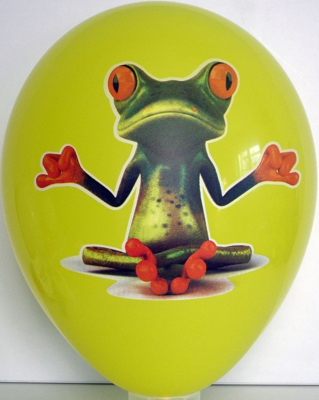 Cartoon frog printed in full colour on a lime balloon